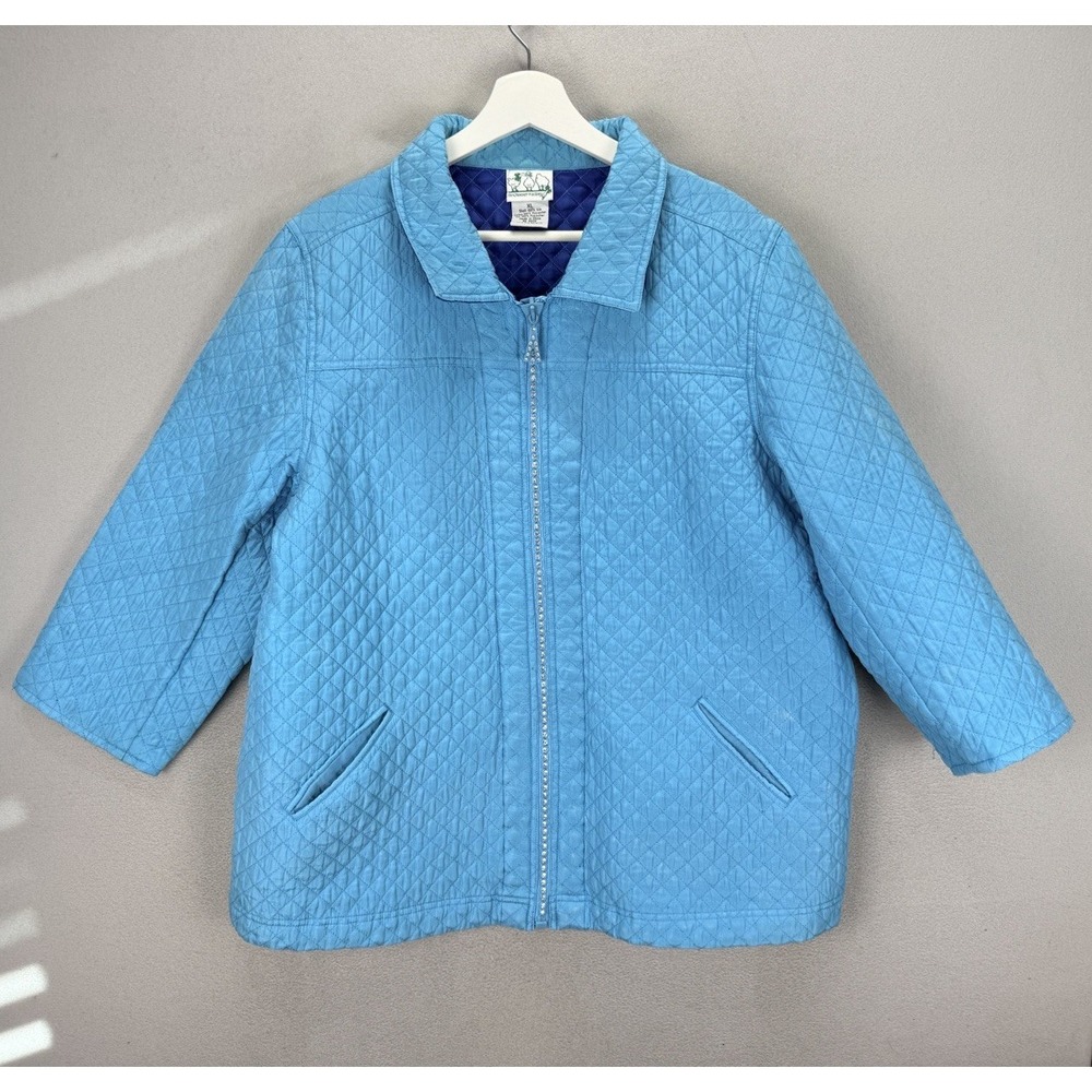 Quacker‎ Factory Jacket Women's Sz XL Blue Silk Quilted Rhinestones Coat Pockets